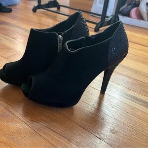 Black bejeweled peep toe 90’s zip up stilettos